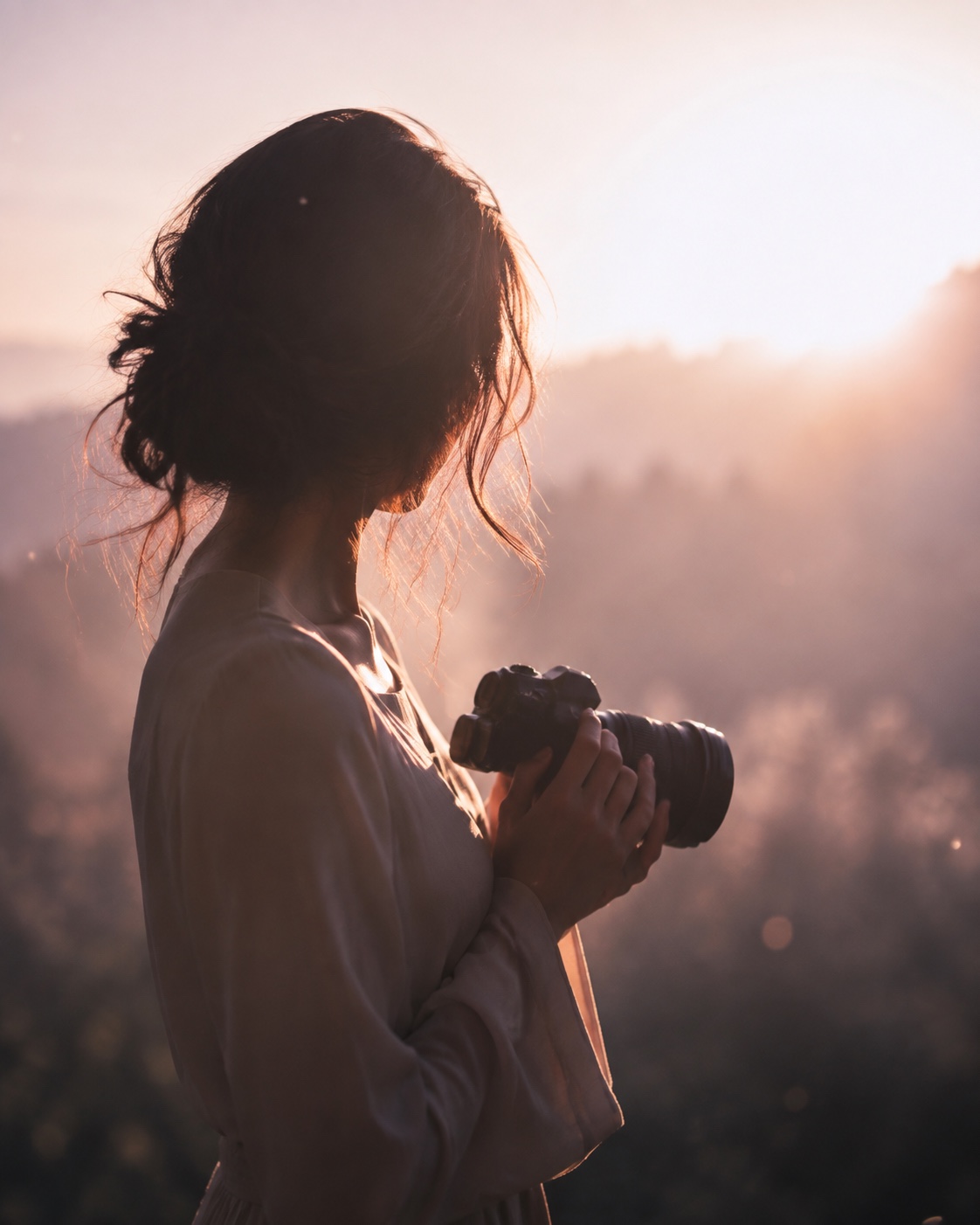 Silhouette féminine tenant un appareil photo dans une lumière douce
